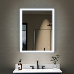28 in. W x 36 in. H Aluminium Framed Rectangular LED Light Bathroom Vanity Mirror in Matte Black