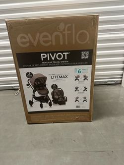2 Available) Evenflo Pivot Modular Travel System w/ LiteMax Infant Car Seat – New Open Box – Desert Tan
