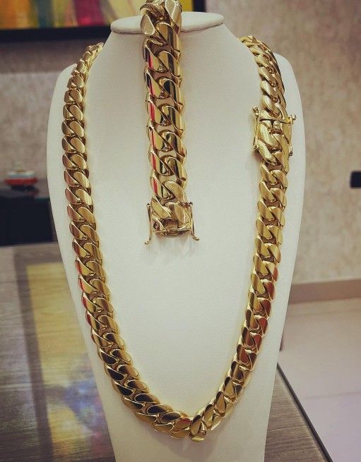 14mm Cuban Link Set 14K Gold Plated Doesn't Loses Color