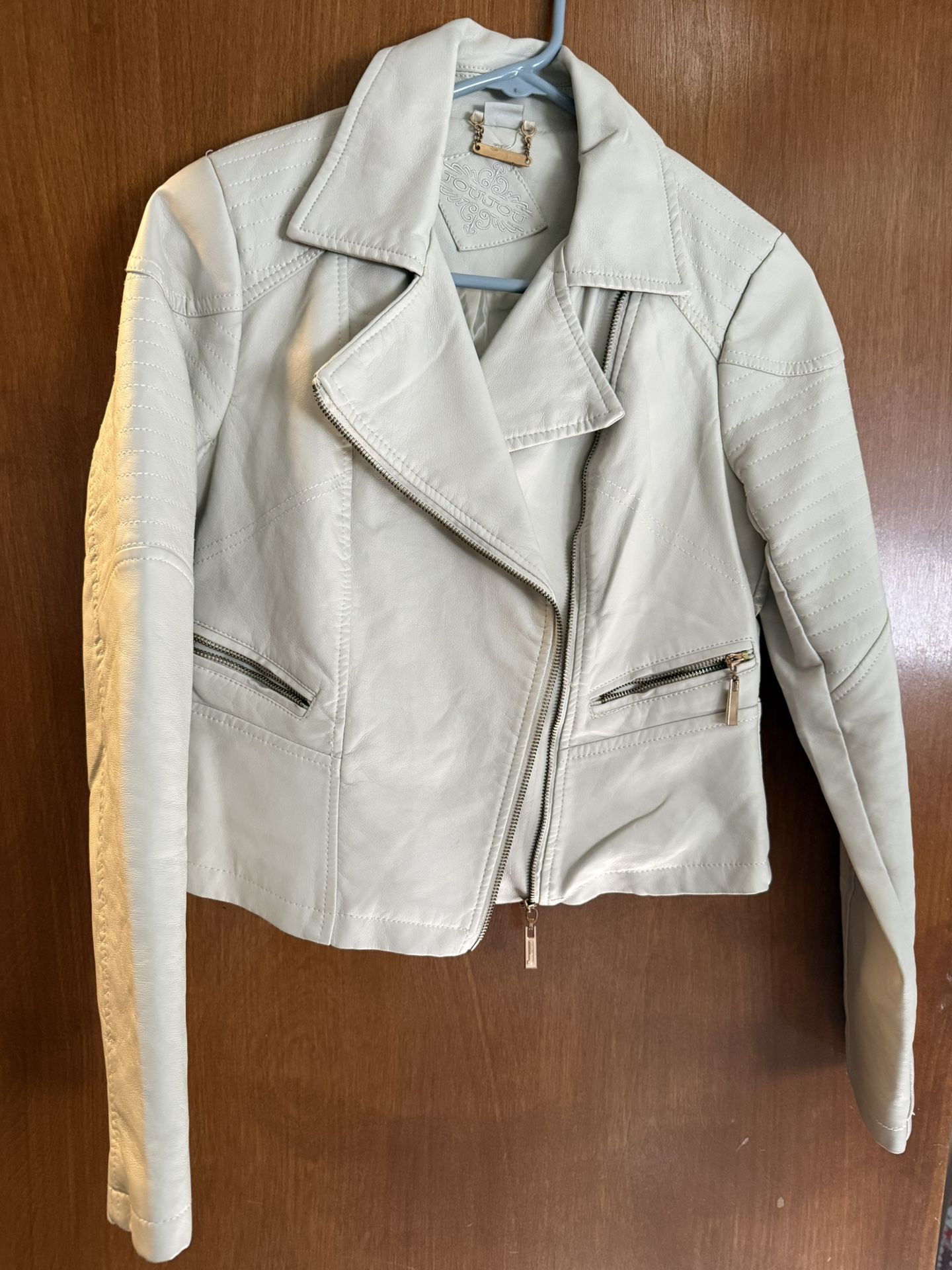 JouJou ivory Zip Front Vegan Leather Moto Jacket Size XS