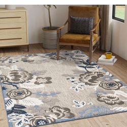 8/10 Outdoor Indoor Floral Beige Blue Rug Carpet 