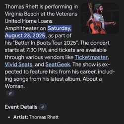 Thomas RHETT TICKETS FOR TONIGHT VIRGINIA BEACH. 2 LAWN TICKETS FOR $80