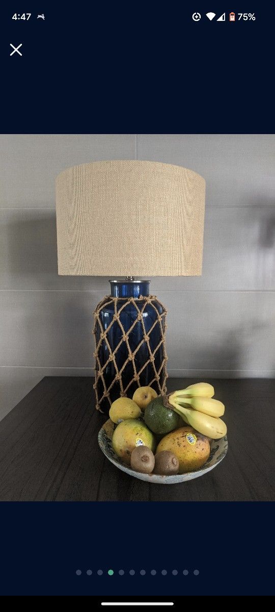 Beautiful Lamp, Cobalt Blue Glass with Burlap Lamp Shade and Nautical Rope Design
