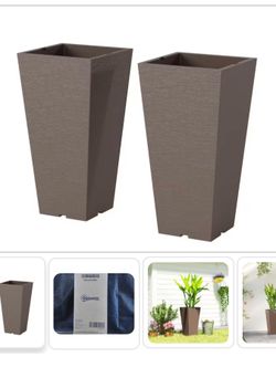 NEW Brown Indoor Outdoor PP Plastic Tapered Square Planter Set (2-Pack) with Stackable Feature
