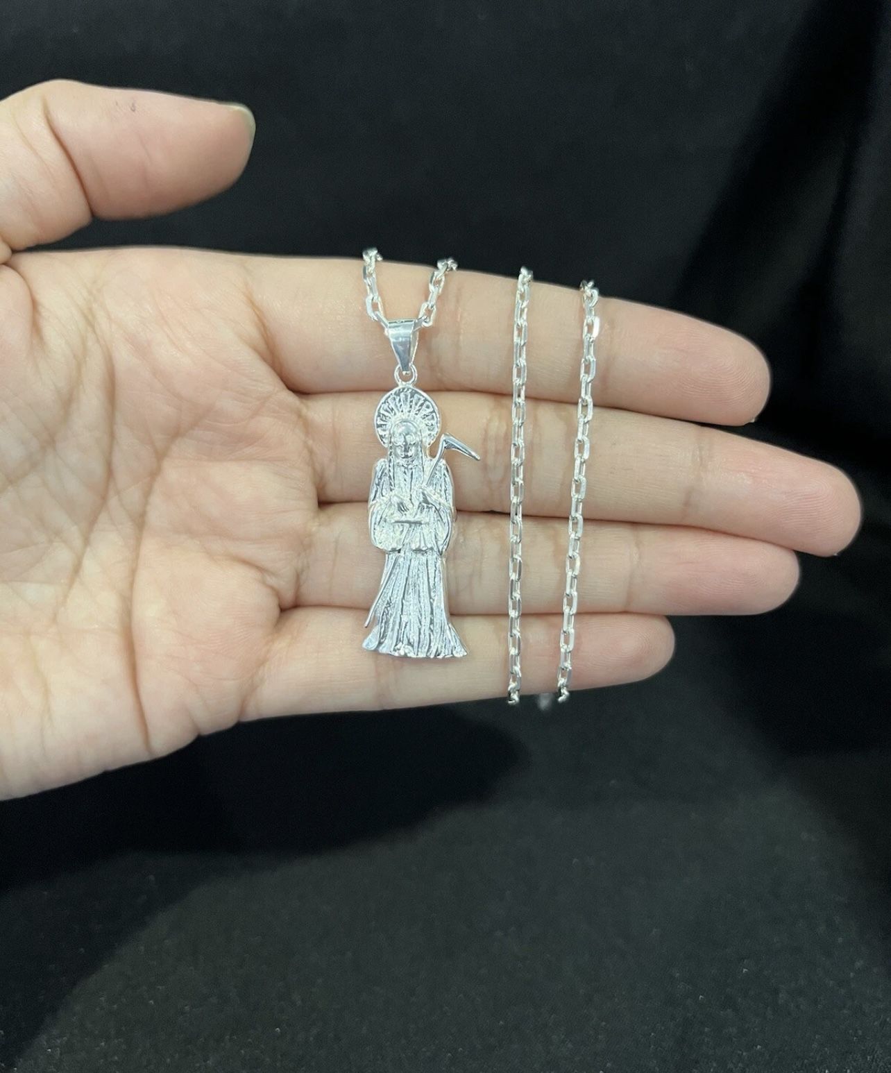 925 Sterling Silver Mens Womens Santa Muerte Grim Reaper & Forz Chain