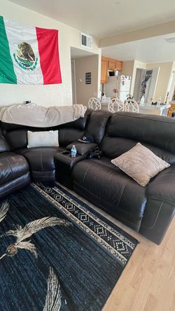 Blacbrown Leather Sectional Sofa with Console