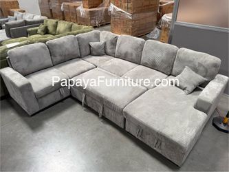 New 120” Large Corduroy Sectional, Corduroy Couch, Sectional With Pull-out Bed, Sofa And Storage Chaise With USB Charging Ports, Light Grey Couch