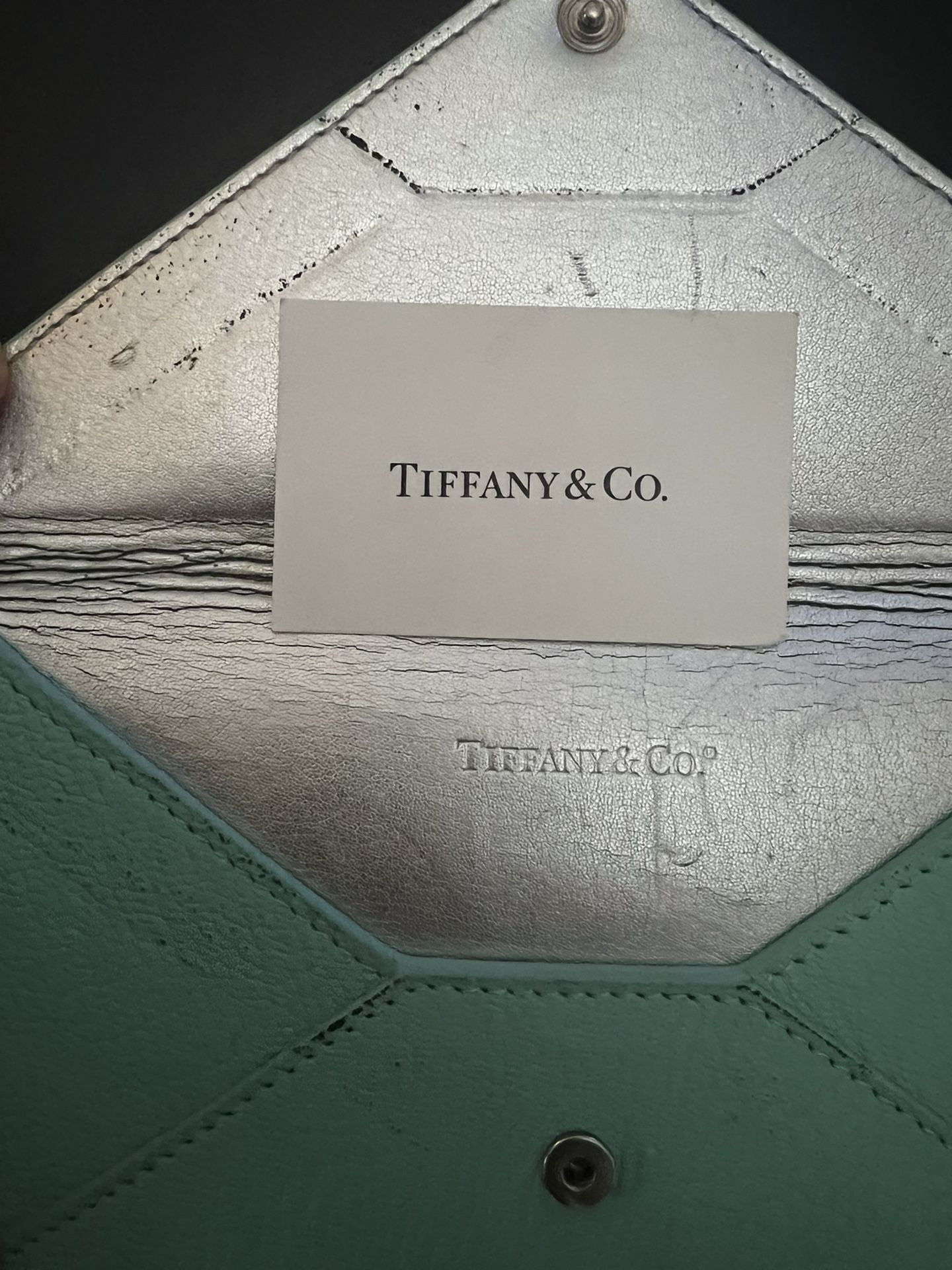 TIFFANY & CO . Mint Leather Envelope Clutch With Cover $50