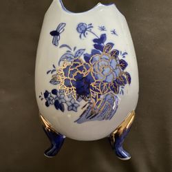 Vintage Footed Ceramic Egg Shaped Vase Blue Floral Gold