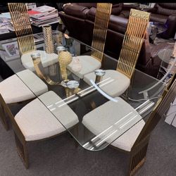New Beige/Gold Table w/ 6 Fabric Chairs Dining Set