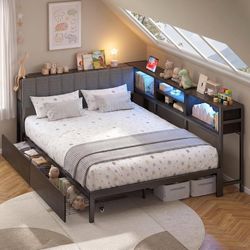 Full Size Corner Bed Frame with Storage and RGB LED Lights, Grey Upholstered Full Bed Frame with 2 Drawers and Charging Station for Kids Teens, Metal 