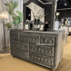 Grey Velvet Dresser W/ Crystal Acrylic Knobs Brand New In Box 
