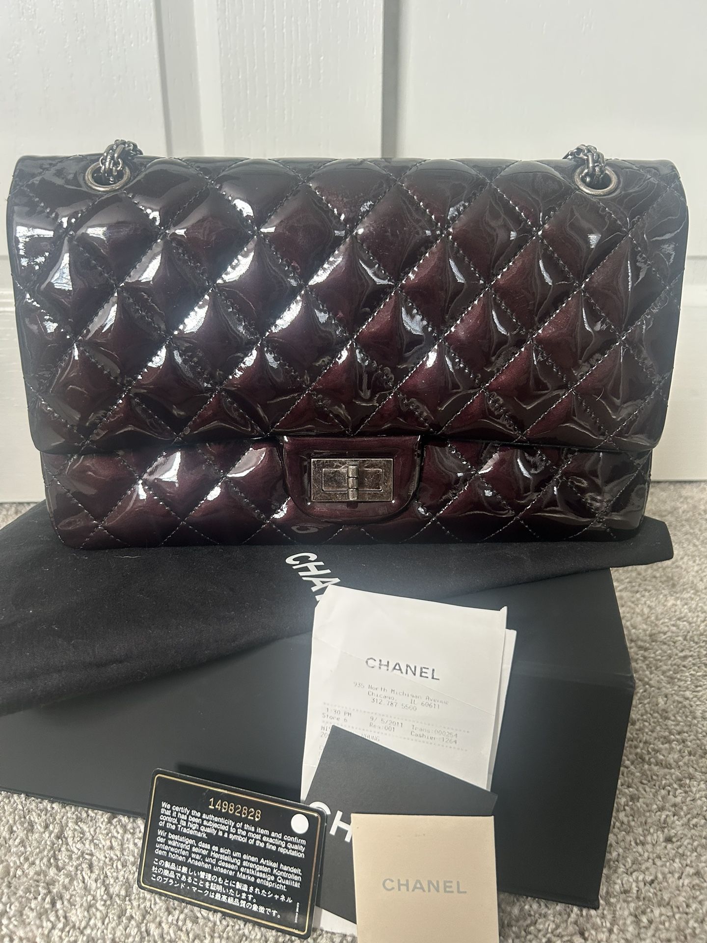 CHANEL 2.55 Reissue Double Flap Patent Leather Shoulder Bag Black Maxi Jumbo Maroon Chain