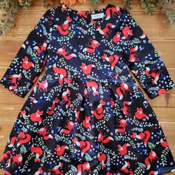 SIZE 10 GIRLS WHIMISICAL FOX THREE-QUARTER SLEEVES FIT & FLAIR MIDI DRESS