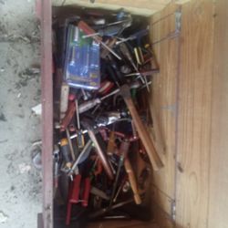 Wooden Tool Box On Rollers With Butt Load Of Tools