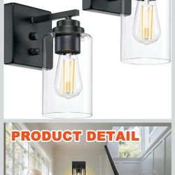 Wall Sconces Set of Two, Wall Mounted Bedside Lamps with Rotary Switch, Matte Black Sconces Wall Lighting, Bathroom Light Fixtures with Clear Glass Sh