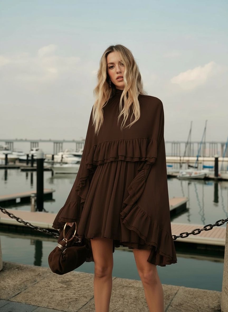 Commense Semi-Sheer Chiffon Ruffle Dress With Outer Cape