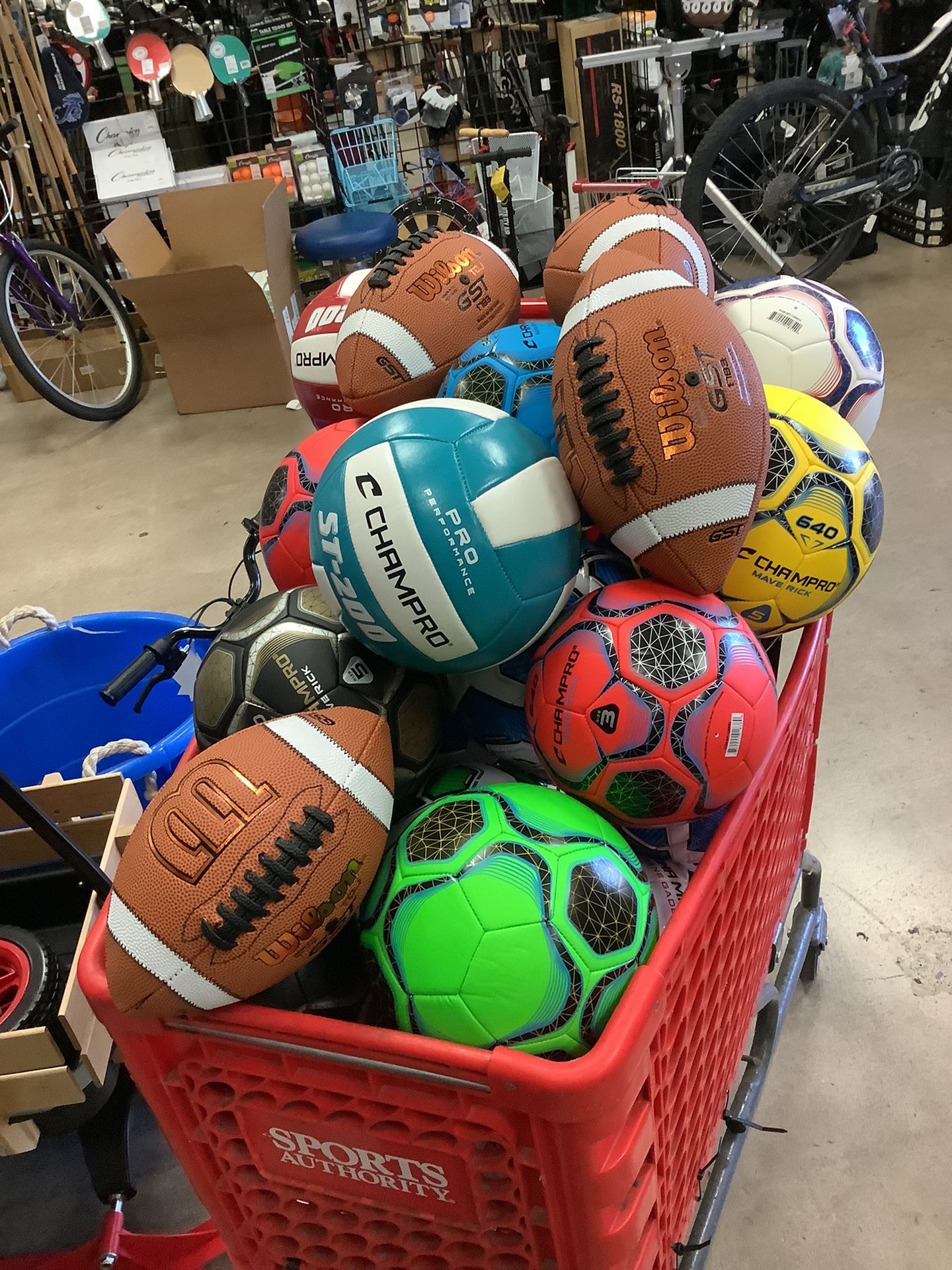 Footballs, soccer balls, basketballs, volleyballs, tennis balls