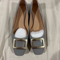 Gray Patent Leather Flats with Gold Buckle size 10