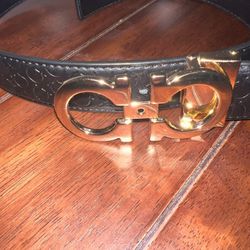 Ferragamo Black Leather Belt – Gold Buckle 