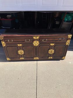 Asian-Style Wood Credenza with Brass Hardware
