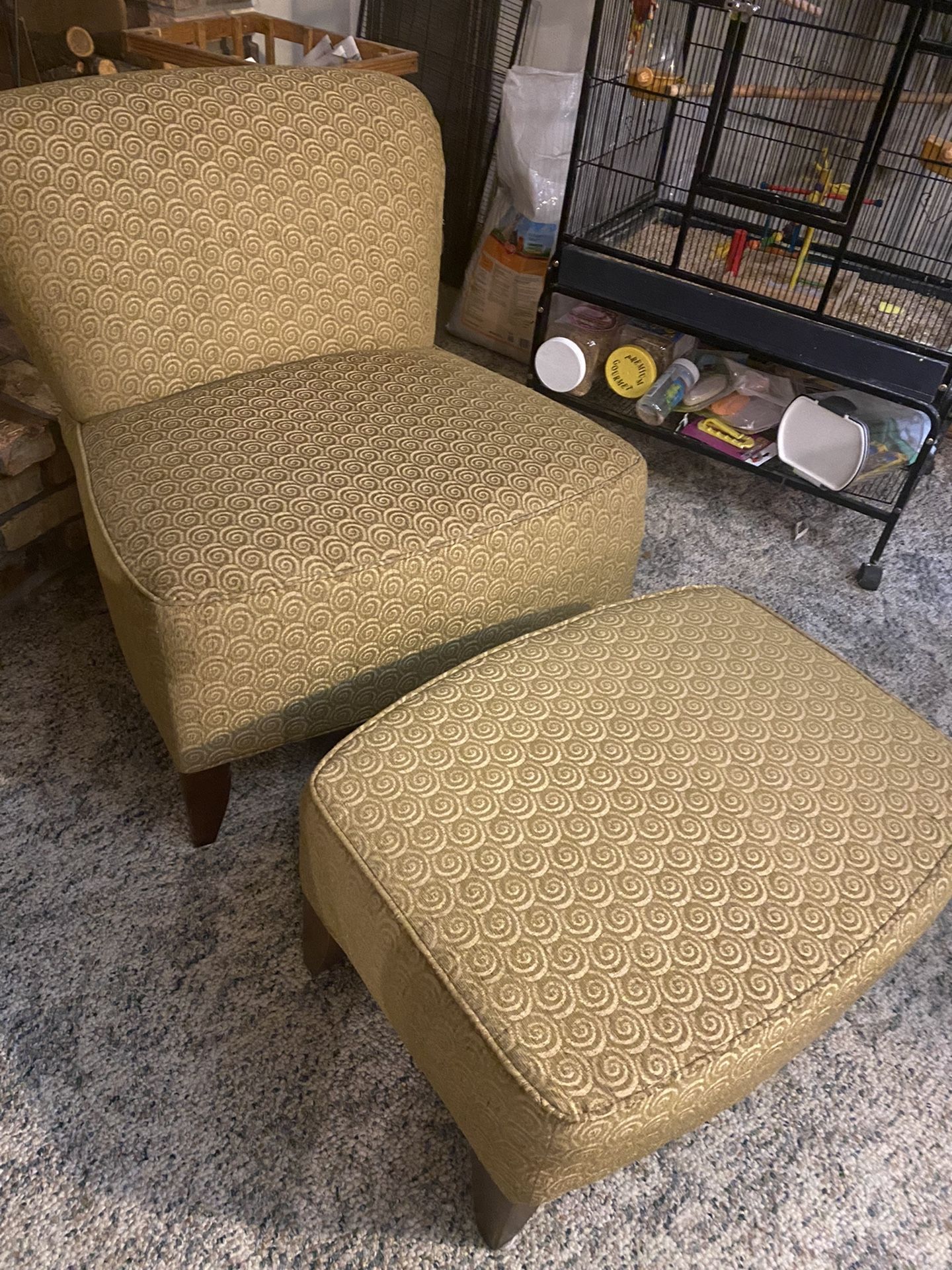 Tan Upholstered Chair And Matching Ottoman