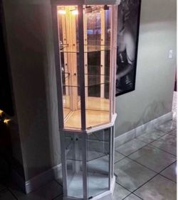 Hexagonal Glass Display Cabinet With Light & Mirrored-Back 70”H