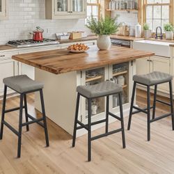 Set of 3 Counter Height Bar Stools – Grey Faux Leather / Black Metal Legs