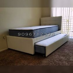 Twin Twin Size White Trundle Bed With Orthopedic Mattress 
