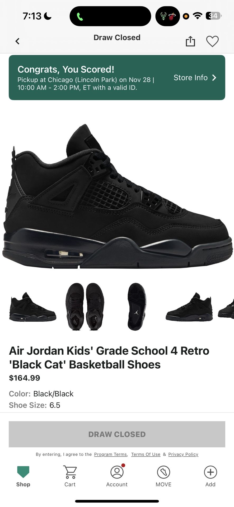 Air jordan Retro 4 Kids Grade School Black Cat Size 6.5