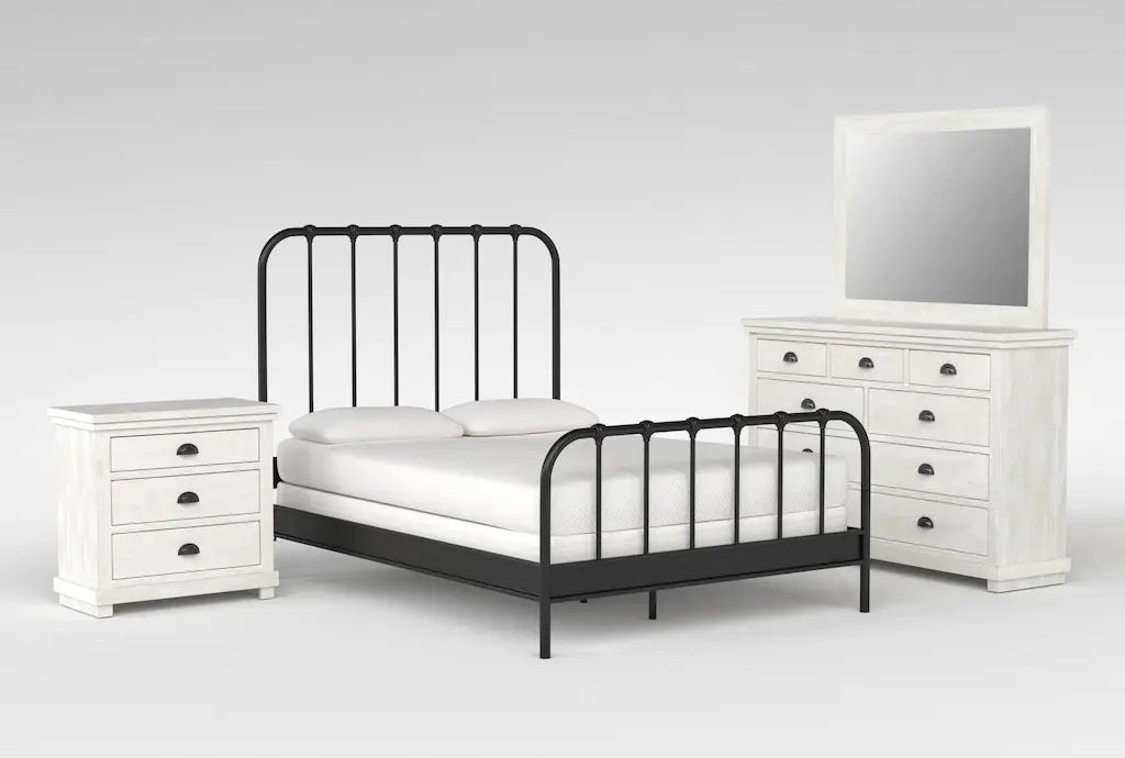 Knox Queen Metal 4 Piece Bedroom Set With Sinclair Pebble Dresser and Night Stand