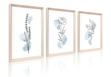 (707070-22) HesenDot Framed Blue Floral Canvas Wall Art,Minimalist Botanical Wall Art Decor,12x16IN Wood High Framed Prints,Boho Flowers Artworks Prin