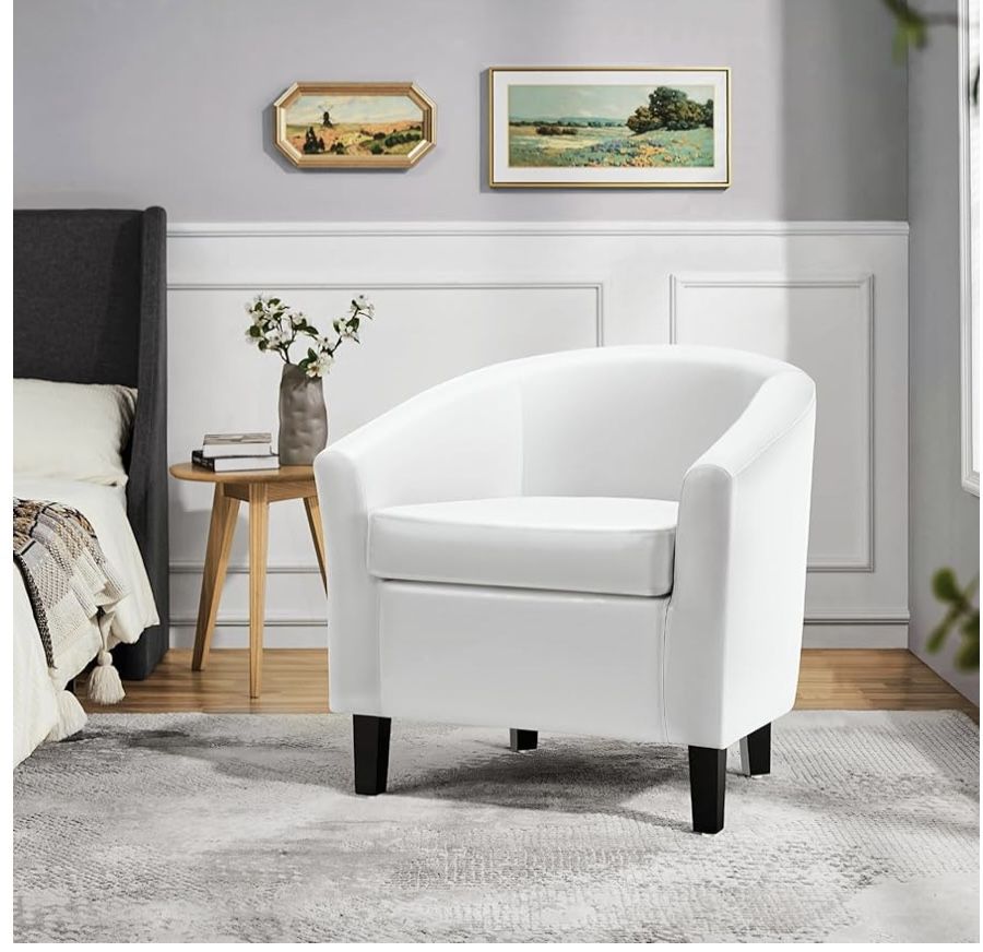 White Leather Chair, Faux Leather Accent Chair, Modern Barrel Chair Comfy Club Chair with Soft Padded and Solid Legs for Living Room Bedroom Reception