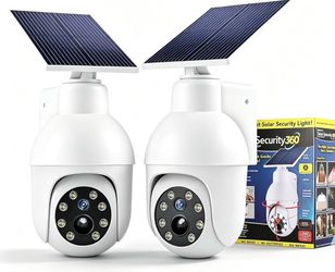 2 Pack 360-Degree Ultra-Bright Solar Light, Dummy CCTV Camera, Outdoor Motion Sensor Spotlight, IP66 Waterproof FloodLights, Wireless Decoy Fake PTZ D