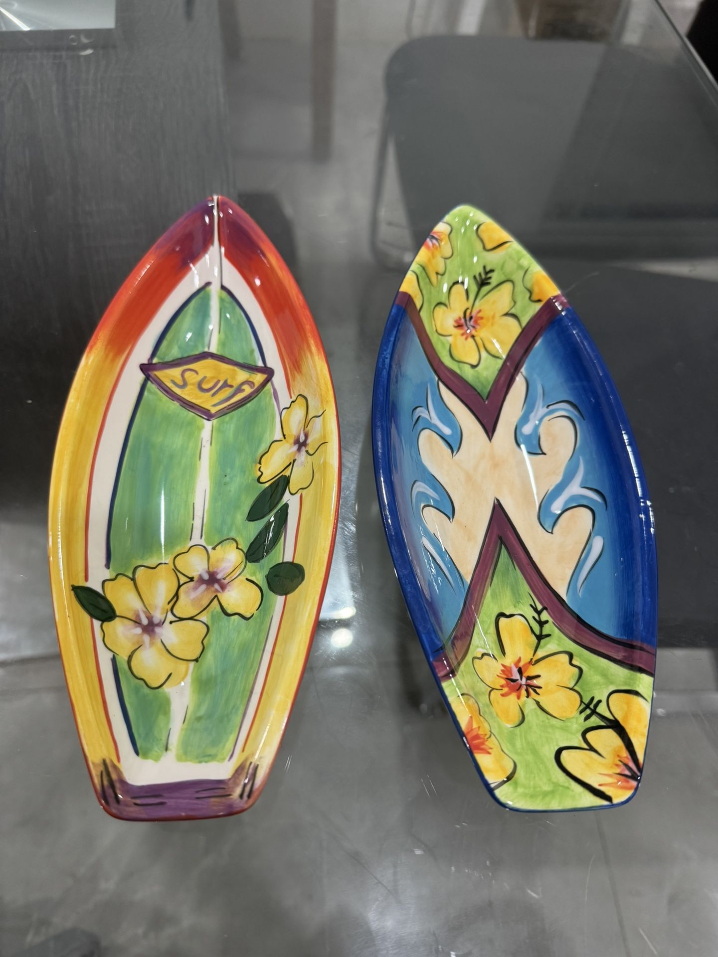 Clay Art Tropical Surf Board Shaped Snack Boat Dip Bowls 10" Set 2 Ceramic 