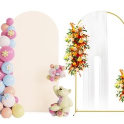 Putros 6.6ft Metal Arch Stand with Cover Beige Spandex Fitted Wedding Arch Cover and Round Top Chiara Backdrop Stand Set for Birthday Party Baby Showe