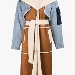 European and American Street Hipster Lamb Wool Jacket Winter Denim Splicing Hooded Thickened Long Cotton Jacket