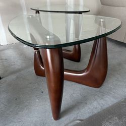 Set Of 2 Beautiful Side Tables, Triangular With Wood Base And Glass Top