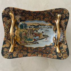 Royal Satsuma Gold Handled Bowl With Geishas On A Boat