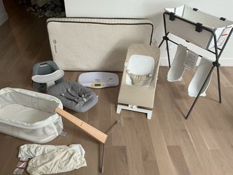High end clean & sterile baby equipment - bouncer, feeding chair, stand up bath & more