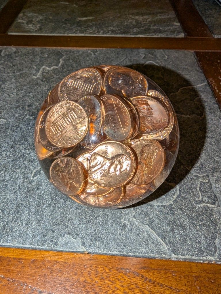 1968 Pennies in Acrylic Ball Paperweight