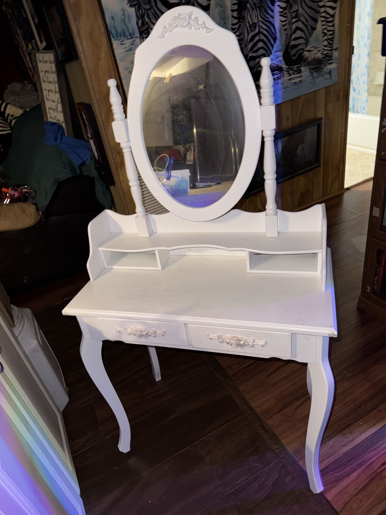 Ktaxon Elegance White Dressing Table Vanity Table and Stool Set Wood Makeup Desk with 2 Drawers & Mirror