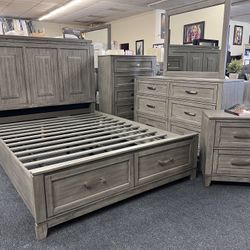 Queen Gray Bedroom Set ( Bed Frame, Dresser, Mirror And One Nightstand)