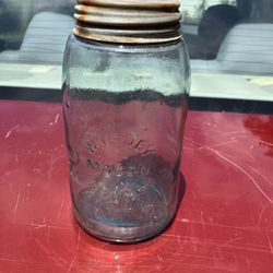 Antique Whitney Mason Aqua  Fruit Jar, Half Gallon 9" Zinc Lid, Pat'd 1858