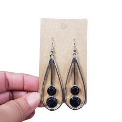 Silver Toned Black Marbled Accent Teardrop Earrings