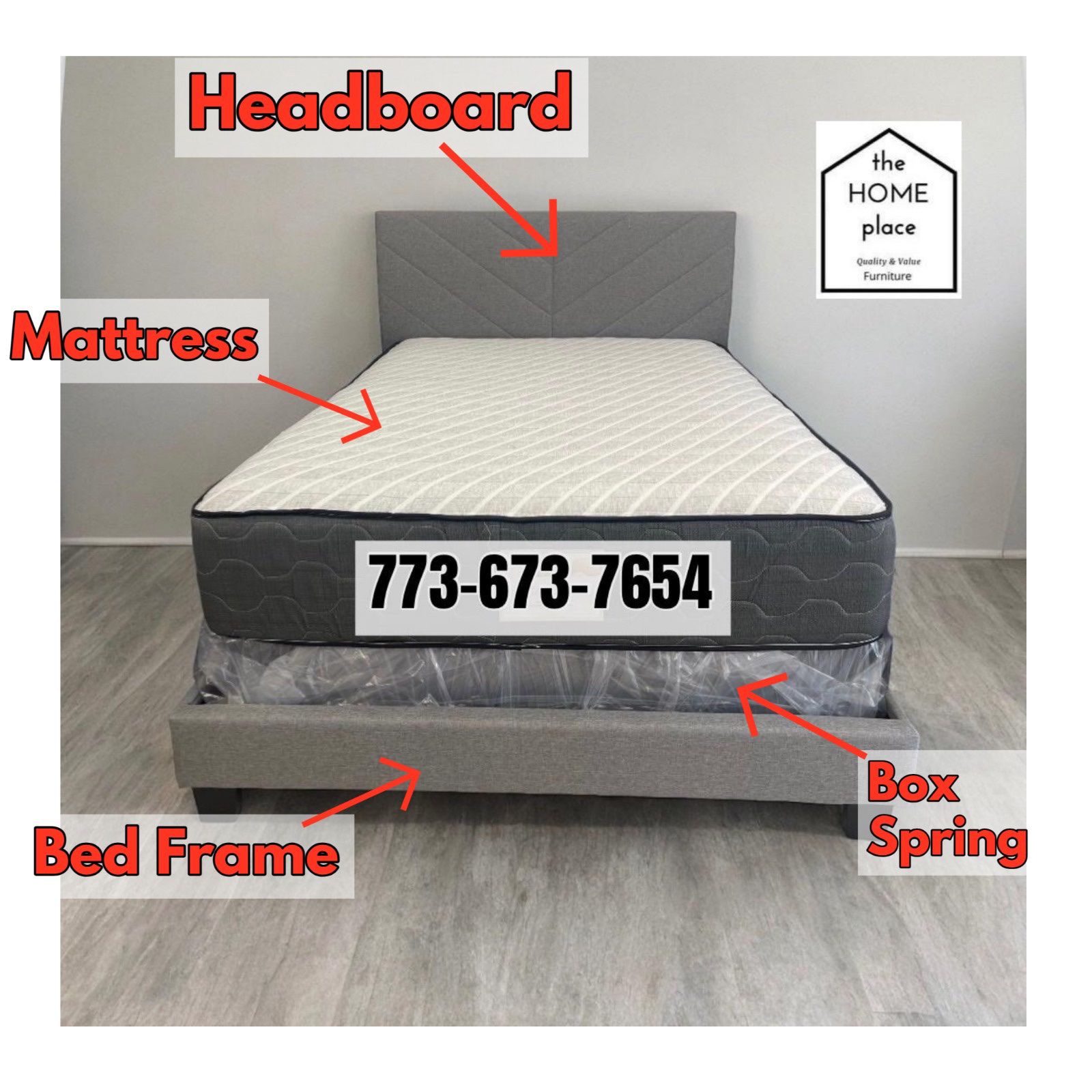 Comfy & Elegant King Bed Frame 🚨 Includes Mattress & Box Spring for ONLY $449.  Ready for Delivery Today 🚛