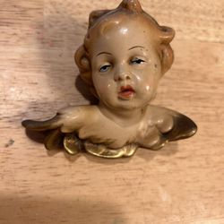 Vintage Carved Painted Cherub with Wings. Hand Painted Angel with Gold Wings Made in Germany.