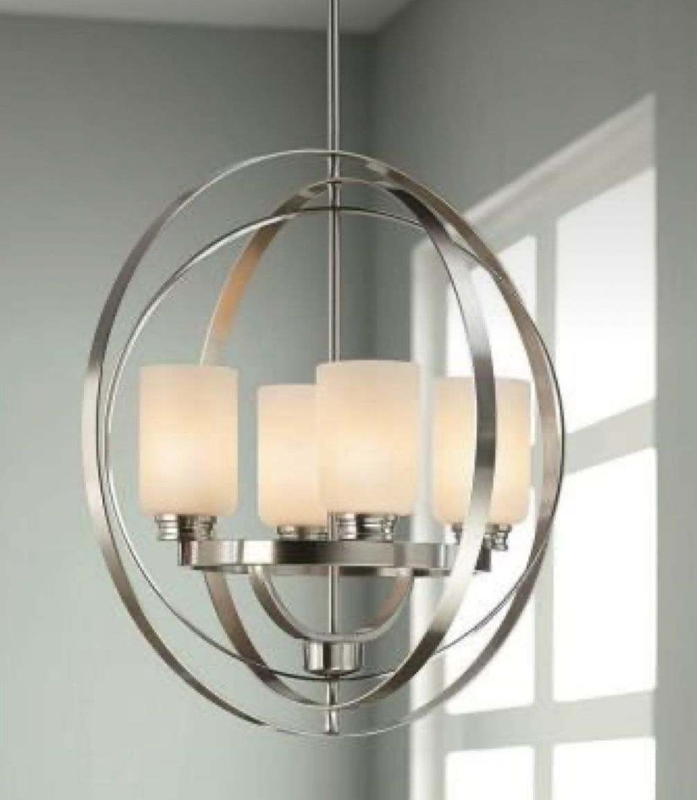 24” Brushed Nickel 4 Light Chandelier With Etched White Glass Shade