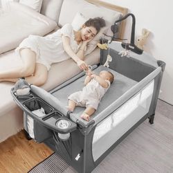  5-in-1 Pack and Play, Baby Bassinet Bedside Sleeper with U-Shaped Diaper Changer, Portable Baby Playard for Newborn Toddlers, Baby Crib with 4 Adjust