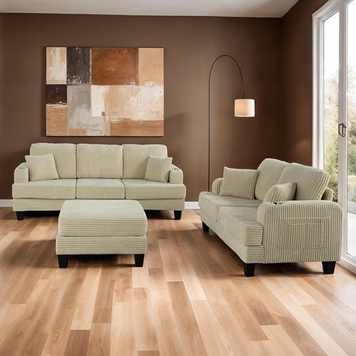 BEIGE CURDOROY 2 PIECE SOFA LOVESEAT COUCH SET USB CHARGER